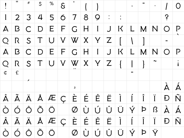 Medusa Gothic Regular  glyph index