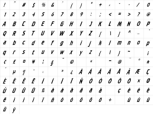 CruiserCondensed Italic  glyph index