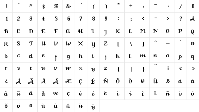 Venice Classic Medium  glyph index