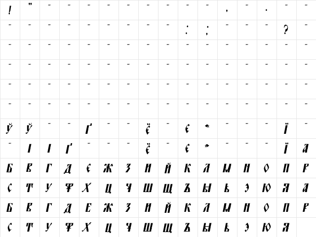 Serafim Regular  glyph index