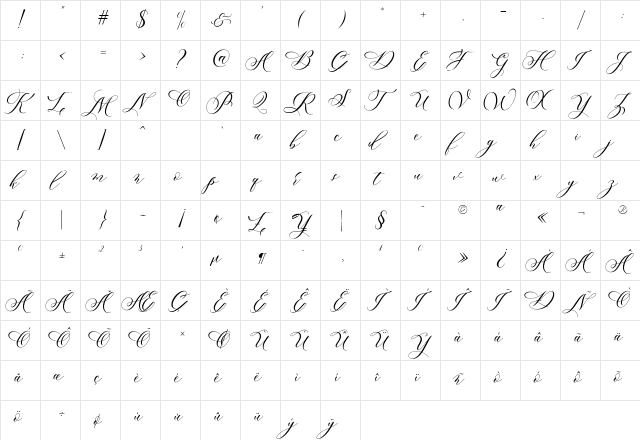Melanie Script Free Medium  glyph index