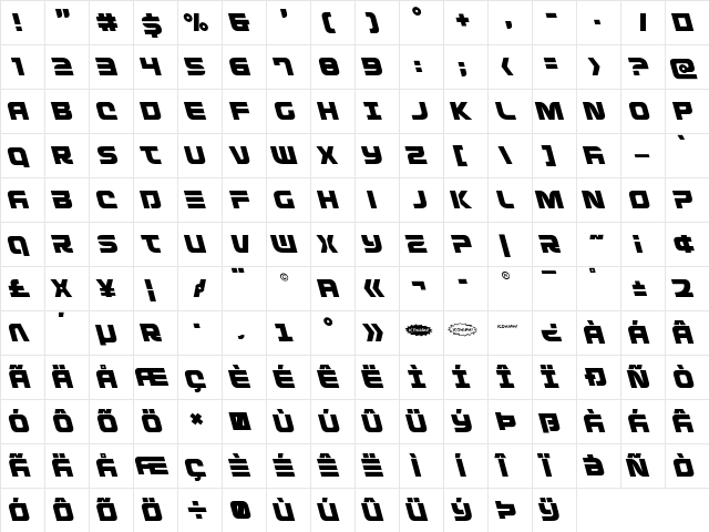Defcon Zero Leftalic Italic  glyph index
