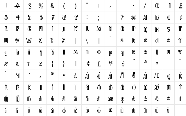 Lindy LT Regular  glyph index