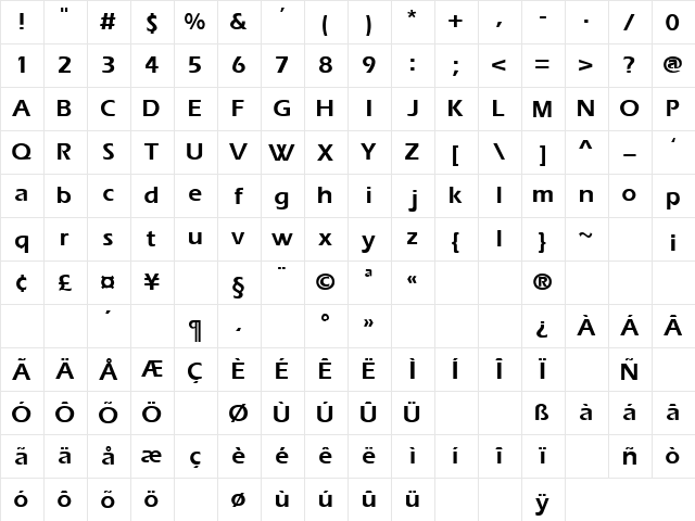 Presence 10 Regular  glyph index