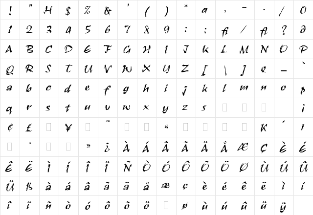 Bench Regular  glyph index