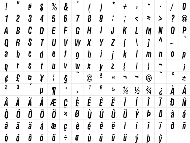 Car Regular  glyph index