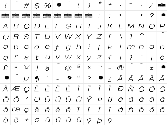 Heading Pro Wide Trial Light Italic  glyph index