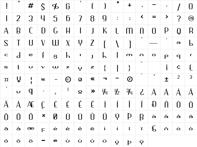 Sublime Regular  glyph index