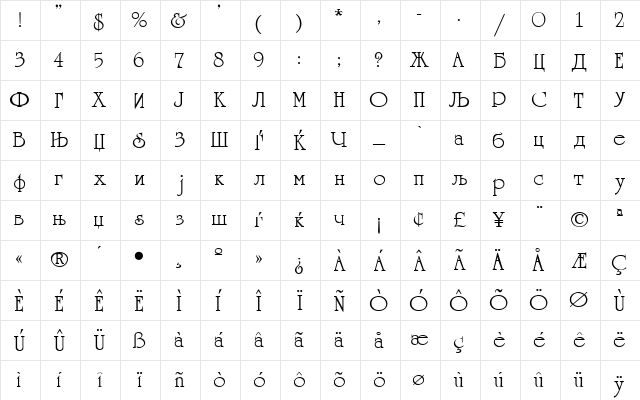 C_Kirilica_Unicorn Regular  glyph index