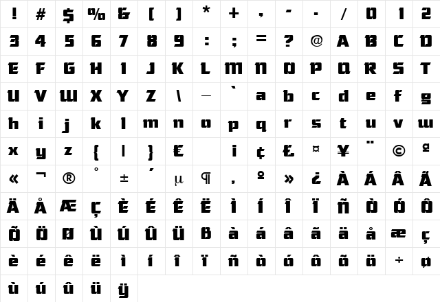 Cornered Regular  glyph index