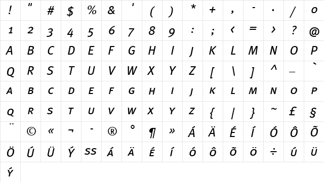 MetaBookCE Medium  glyph index