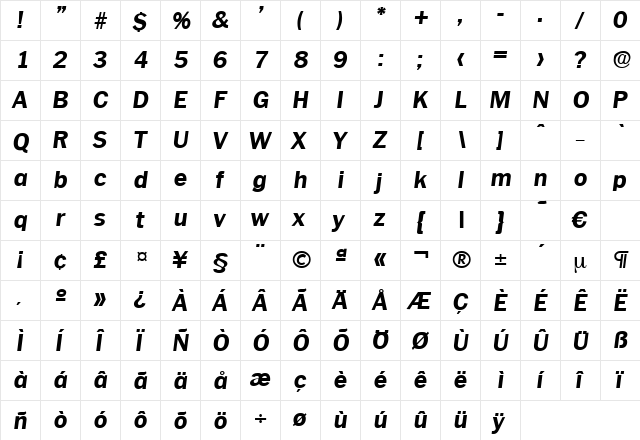 Plymouth-BoldIta Regular  glyph index