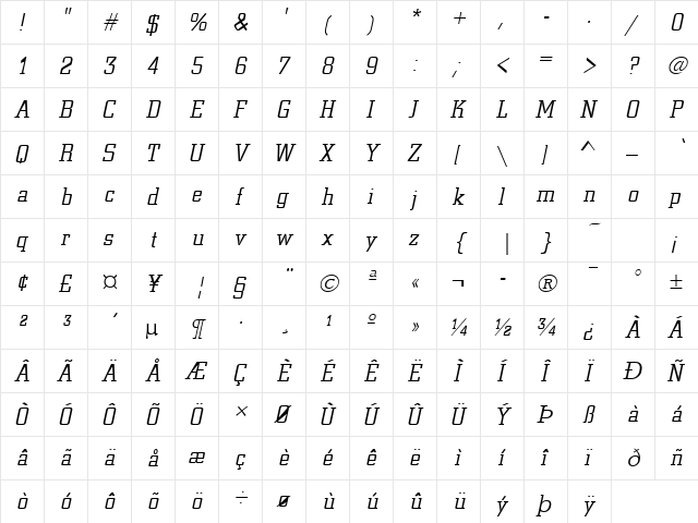 City Italic  glyph index