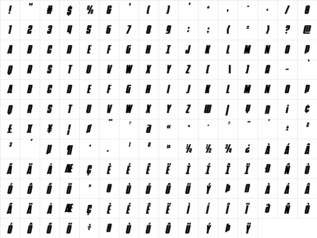Punch Condensed Italic Regular  glyph index