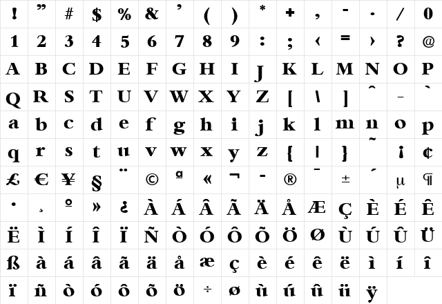 AndrewBecker-ExtraBold Regular  glyph index