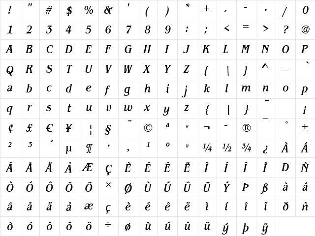Benjamin-Cd MediumItalic  glyph index