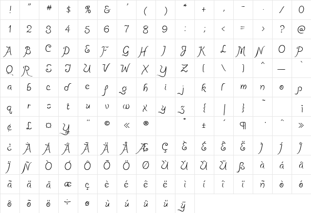 PensleCaligraf Regular  glyph index