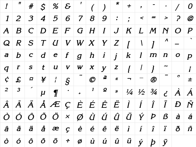 Kane BoldItalic  glyph index