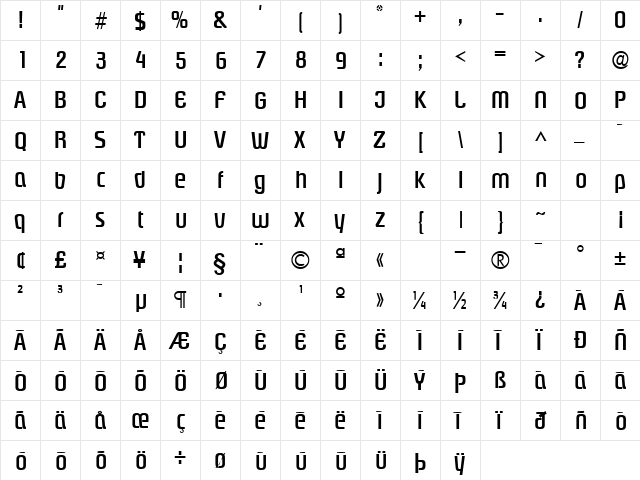 GE Drover Bold  glyph index