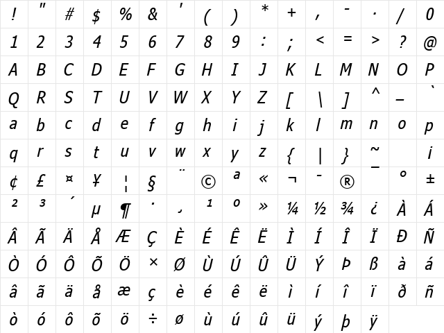 Nina Italic  glyph index