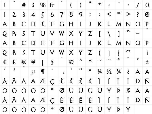 Persephone NF Regular  glyph index