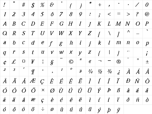 QuintessenceMediumSSK Italic  glyph index