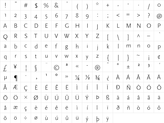 Scala Sans Light  glyph index