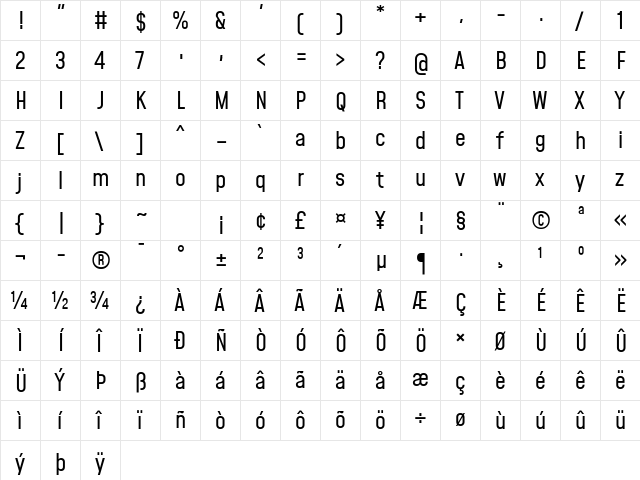 Mohave Regular  glyph index
