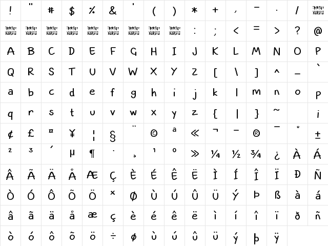 Smart Kid Regular  glyph index