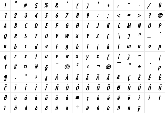 Fuji Bold Italic  glyph index