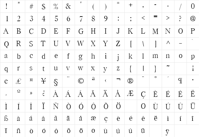 CasadLH Regular  glyph index