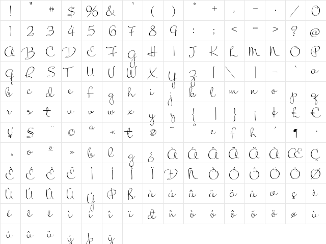 Mrs Blackfort Regular  glyph index