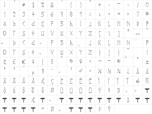 Ephotical Regular  glyph index