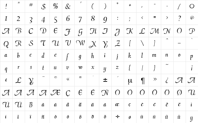 CalimaDB Normal  glyph index