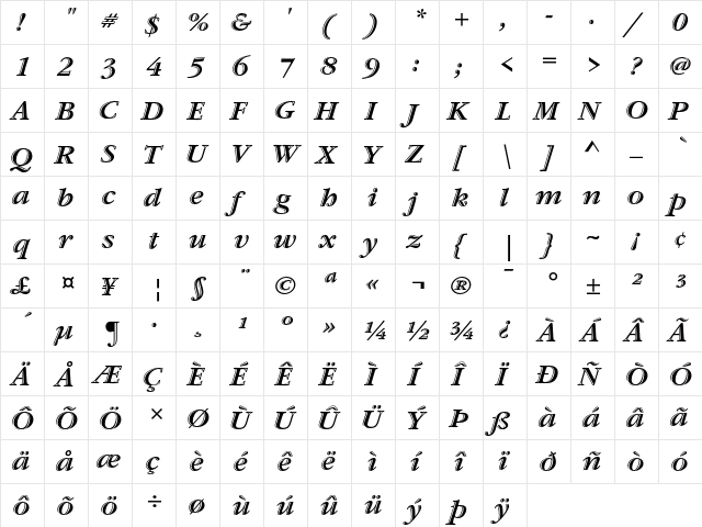 ITC Garamond Handtooled Bold Italic  glyph index