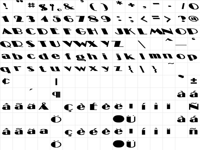 Miami Lefty Ex Bold Bold  glyph index