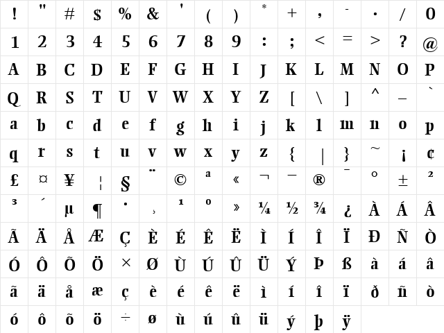 EllingtonMT Bold  glyph index