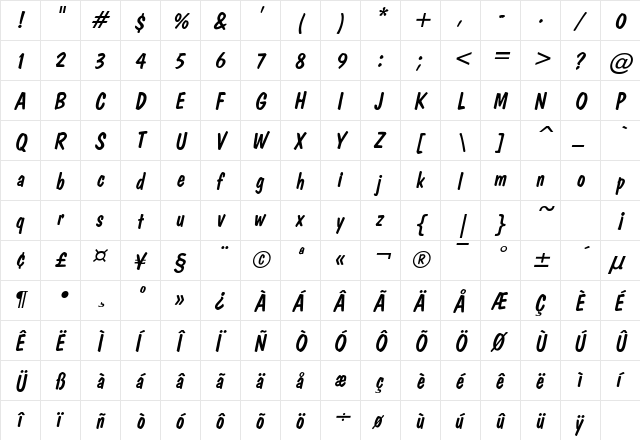 DonCasual Italic  glyph index