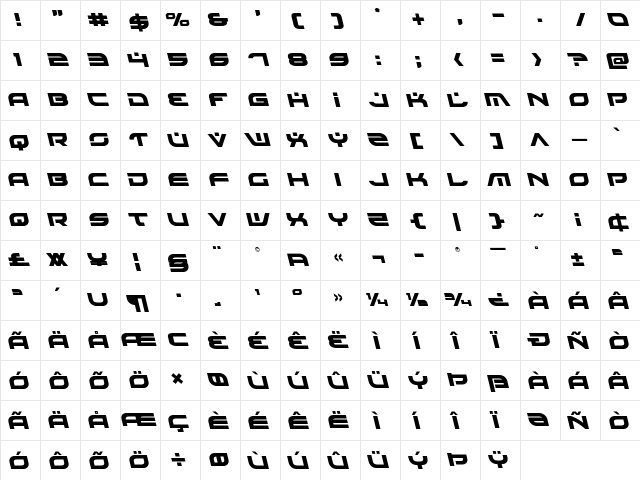 Battlefield Leftalic Italic  glyph index