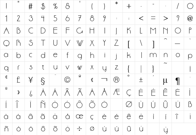 Aase Light Bold  glyph index