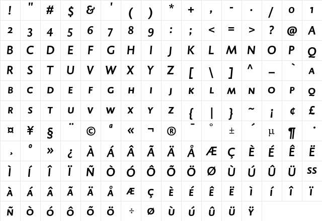 DTL Caspari T Caps Bold Italic  glyph index