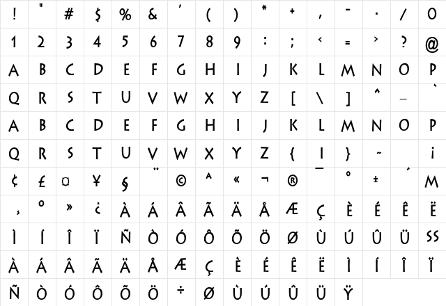 Liste Condensed Bold  glyph index