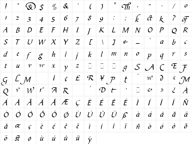 Biblical Regular  glyph index