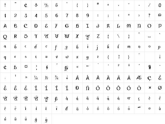 CuthbMangle Regular  glyph index