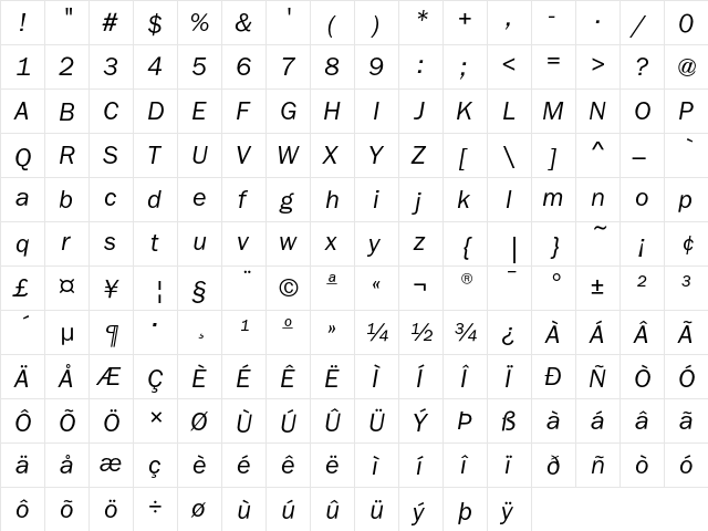 FranklinGothicEF BookItalic  glyph index