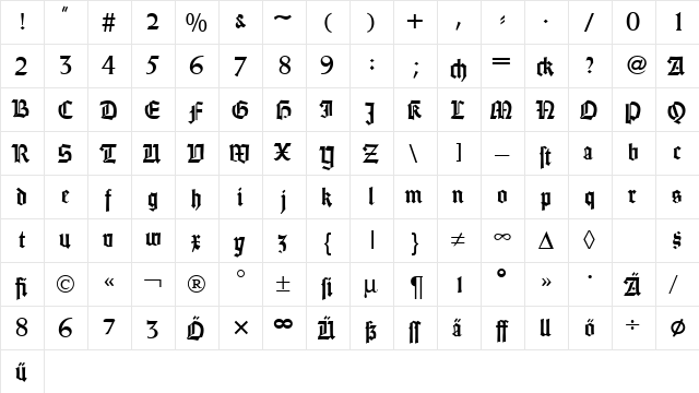 Gothic DB Regular  glyph index