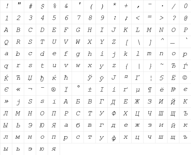 CourtierC Italic  glyph index