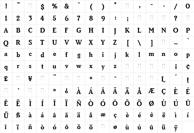 Brighton Bold Regular  glyph index