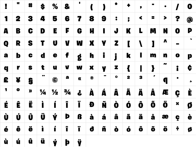 Burbank Big Regular Black  glyph index