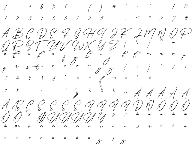 Caramello Free Regular  glyph index